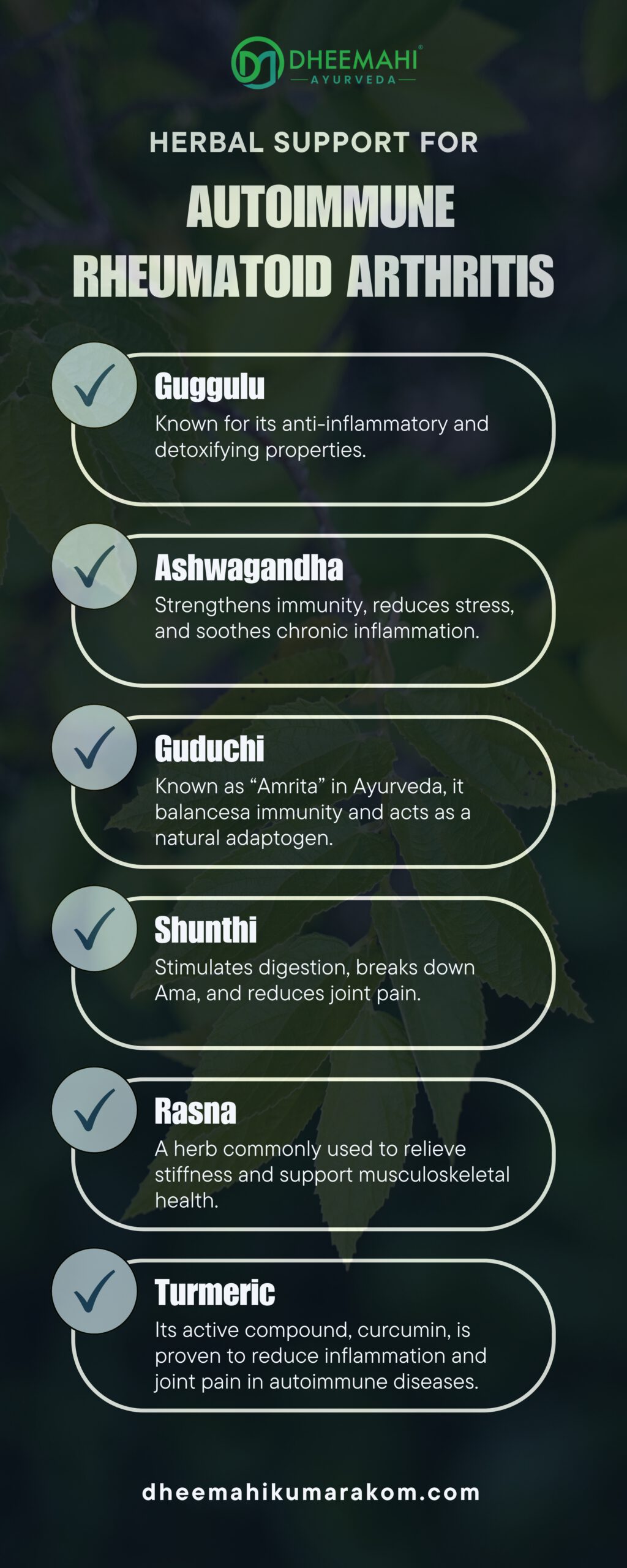 How Ayurveda Approaches Chronic Inflammation in Autoimmune Rheumatoid Arthritis Thanks for uploading the updated version! Your infographic now looks clean, professional, and highly readable—great job! Here's a quick final review with just one small correction: ✅ Final Suggestions 🔧 Typo Correction in Guduchi section: Current: “...it balancesa immunity...” ✅ Fix to: “...it balances immunity...”