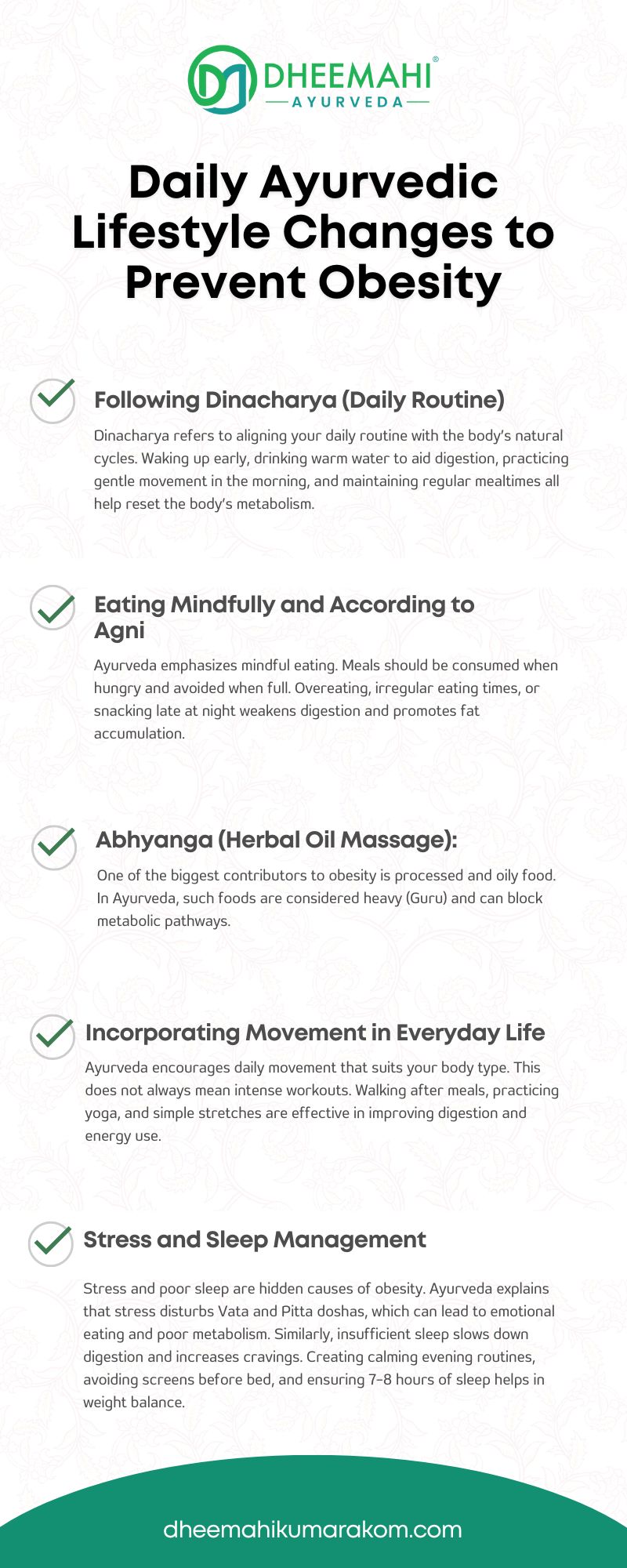 Infographic from Dheemahi Ayurveda titled “Daily Ayurvedic Lifestyle Changes to Prevent Obesity,” highlighting Ayurvedic tips like following Dinacharya, mindful eating, Abhyanga, movement, and stress/sleep management.