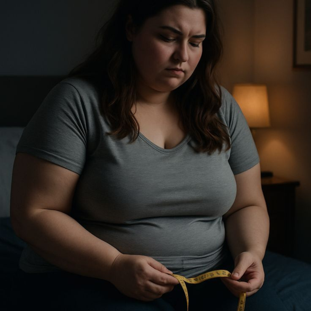 A woman sitting thoughtfully while holding a measuring tape, symbolizing the emotional and physical struggle with weight management before beginning a Kerala Ayurvedic weight loss program.