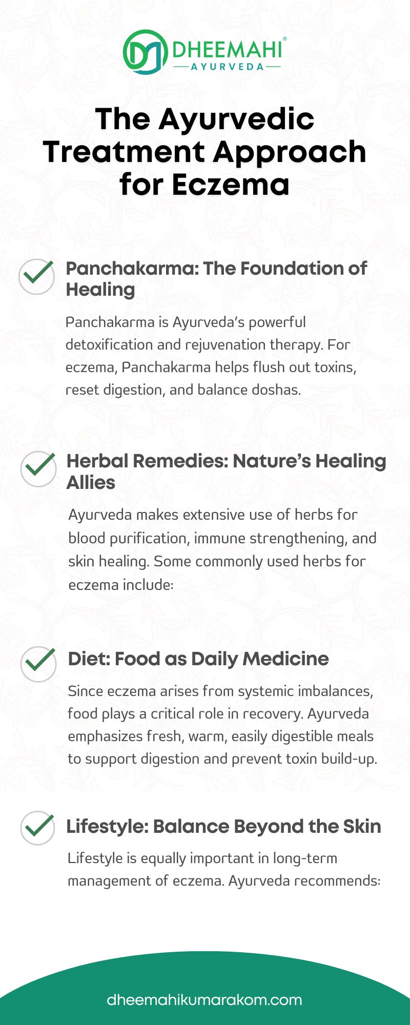 explaining the Ayurvedic treatment approach for eczema, including Panchakarma, herbal remedies, diet, and lifestyle balance — Dheemahi Ayurveda Kerala.